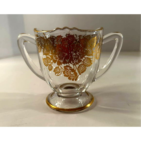 VTG Silver City Glass Co. 22K Gold Floral Overlay Crystal Sugar Bowl & Creamer - Picture 2 of 7